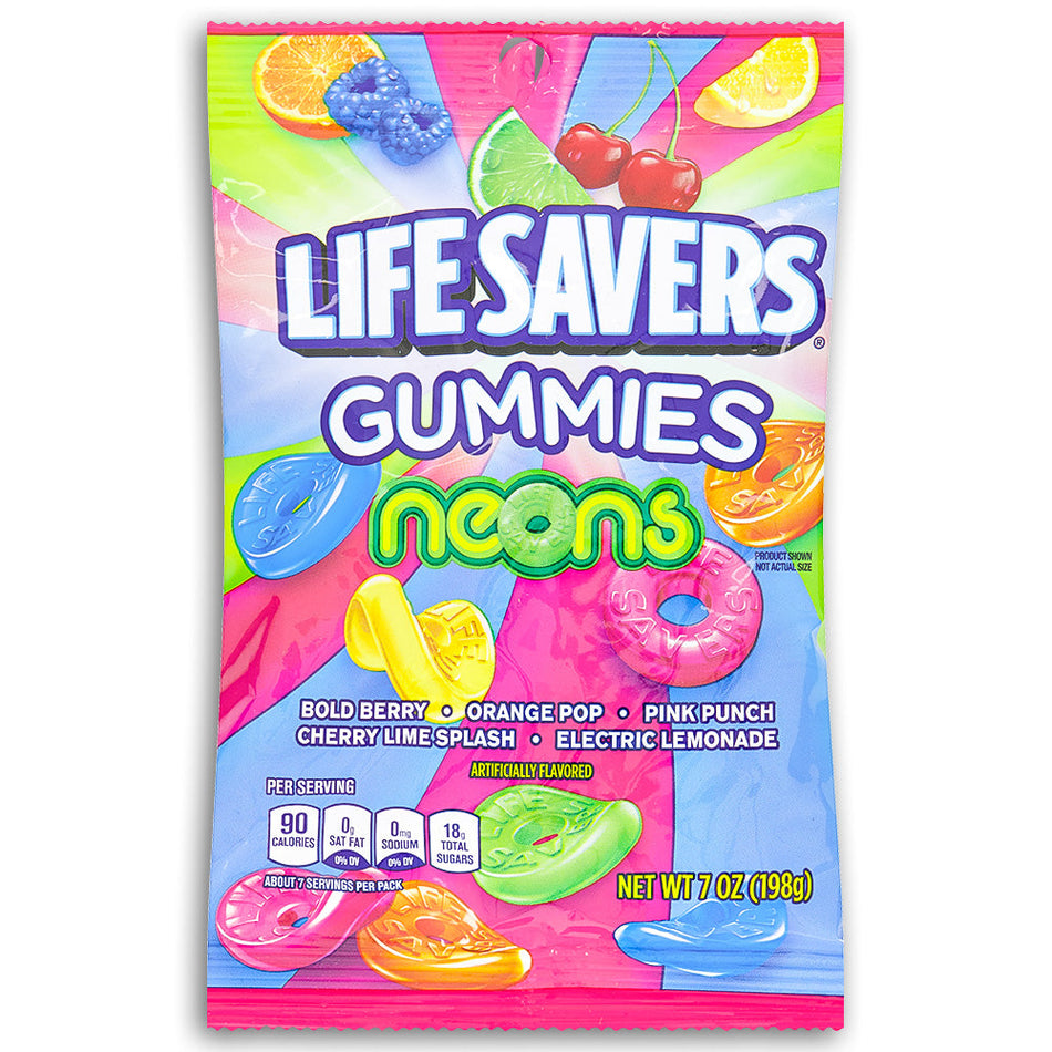 Lifesavers Gummies Neons Candies 7oz Front, Lifesavers, lifesavers candy, lifesaver gummies, neon candies, neon candy