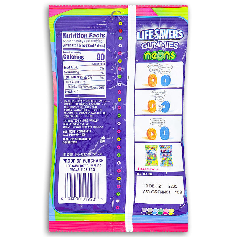 Lifesavers Gummies Neons Candies 7oz Back Ingredients Nutrition Facts, Lifesavers, lifesavers candy, lifesaver gummies, neon candies, neon candy