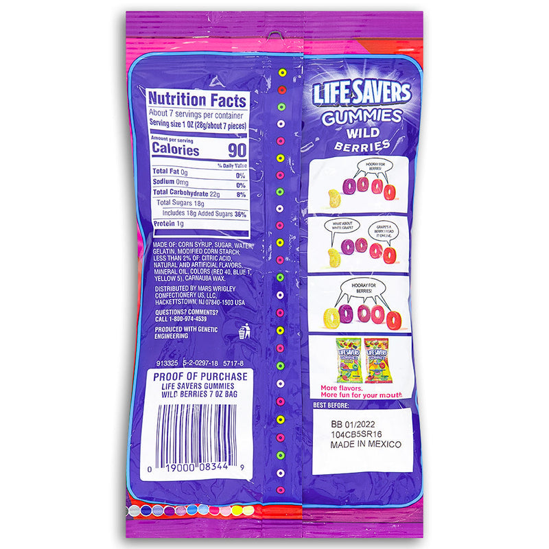 Life Savers Gummies Wild Berries 7oz Back Ingredients Nutrition Facts, Lifesavers, lifesavers candy, lifesaver gummies, wild berry candy, berry candy, berry gummies