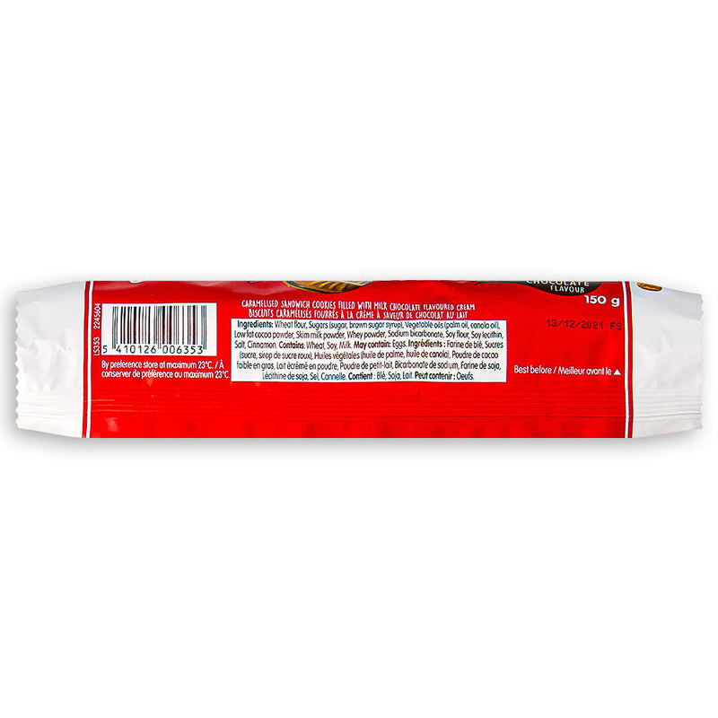 Lotus Sandwich Cookies Milk Chocolate Cream 150g Back Ingredients Nutrition Facts, Lotus Milk Chocolate Bliss Sandwich Cookies, Whimsical Taste Adventure, Crispy Golden Cookies, Rich Milk Chocolate Cream, Burst of Joy, Delightful Escape, Fun and Flavor, Irresistible Snack