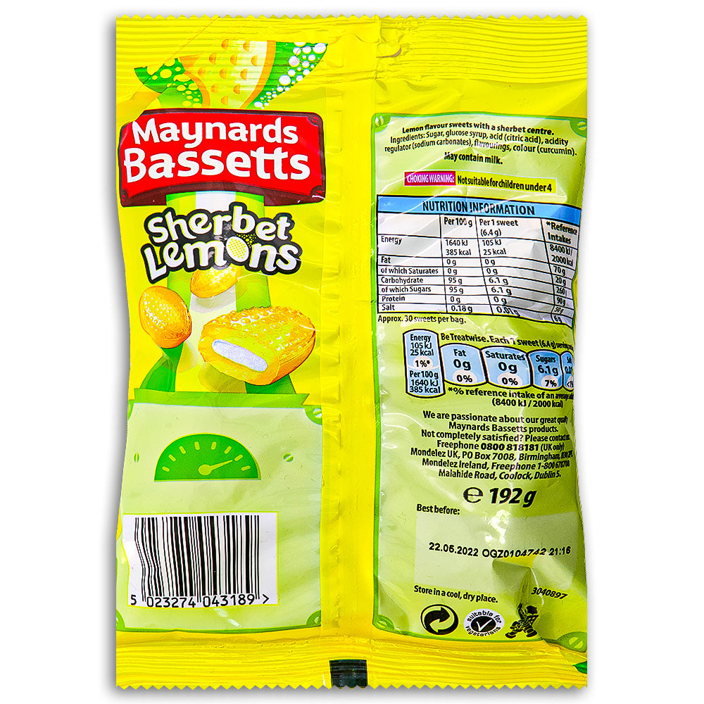 Maynards Bassetts Sherbet Lemons UK 192g Back - British Candy