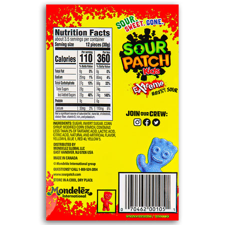 Sour Patch Kids Extreme Candy Theater Pack 99g Back - Canadian Candy - Nutritional Facts - Ingredients - Maynards Candy