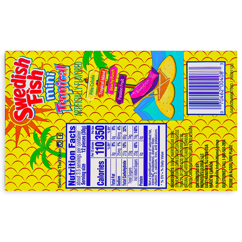Swedish Fish Mini Tropical Candy Theatre Pack 3.5oz Back, swedish fish, swedish fish candy, gummy candy, tropical candy, swedish fish tropical