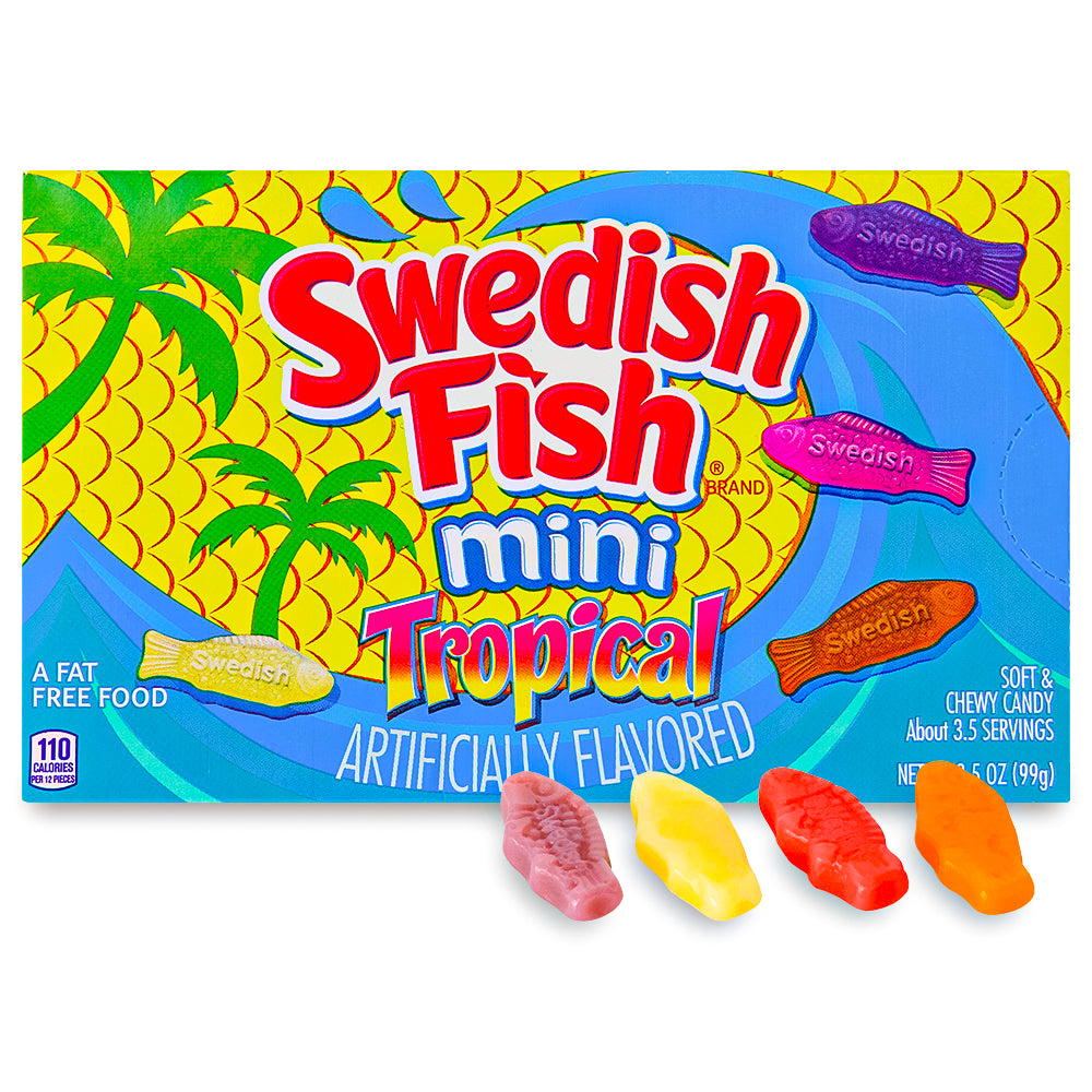 Swedish Fish Mini Tropical Candy Theatre Pack 3.5oz Opened, swedish fish, swedish fish candy, gummy candy, tropical candy, swedish fish tropical