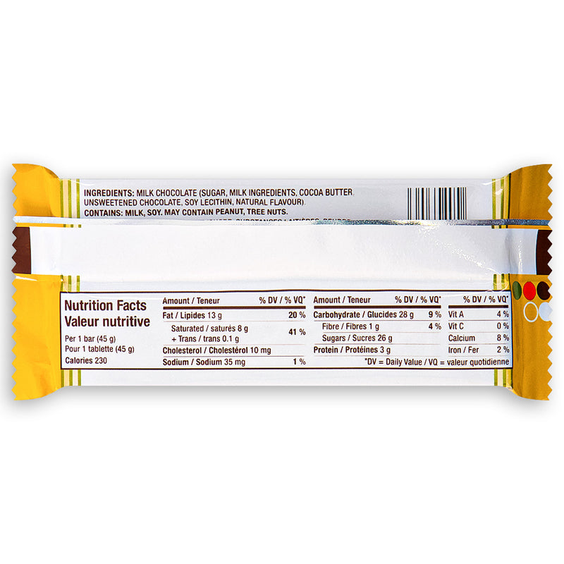 Neilson Jersey Milk Chocolate Bar 45g Back - Jersy Milk is made with premium milk chocolate! -Nutritional Facts - Ingredients