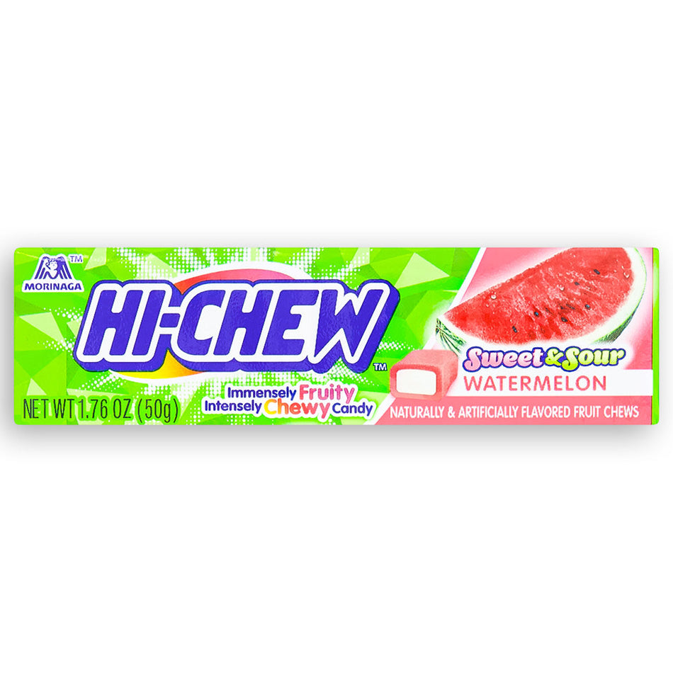 Hi-Chew Sweet & Sour Watermelon Fruit Chews 50 g Front, Hi-Chew Sweet & Sour Watermelon, Watermelon Fruit Chews, Sweet and Tangy Candy, Tropical Flavor Hi-Chew, hi chew, hi chew candy, hi chew candies, hi-chew, hi-chew candy, hi-chew candies