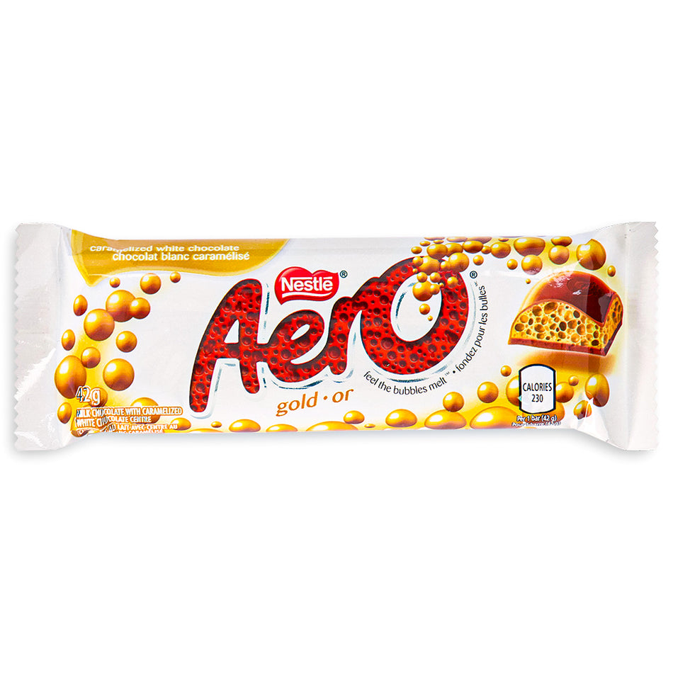 Aero Gold Chocolate Bar Front View, Canadian Chocolate, Canadian Chocolate Bar, Creamy Milk Chocolate, Bubbly Chocolate, Aero Chocolate Bar, Gold Chocolate