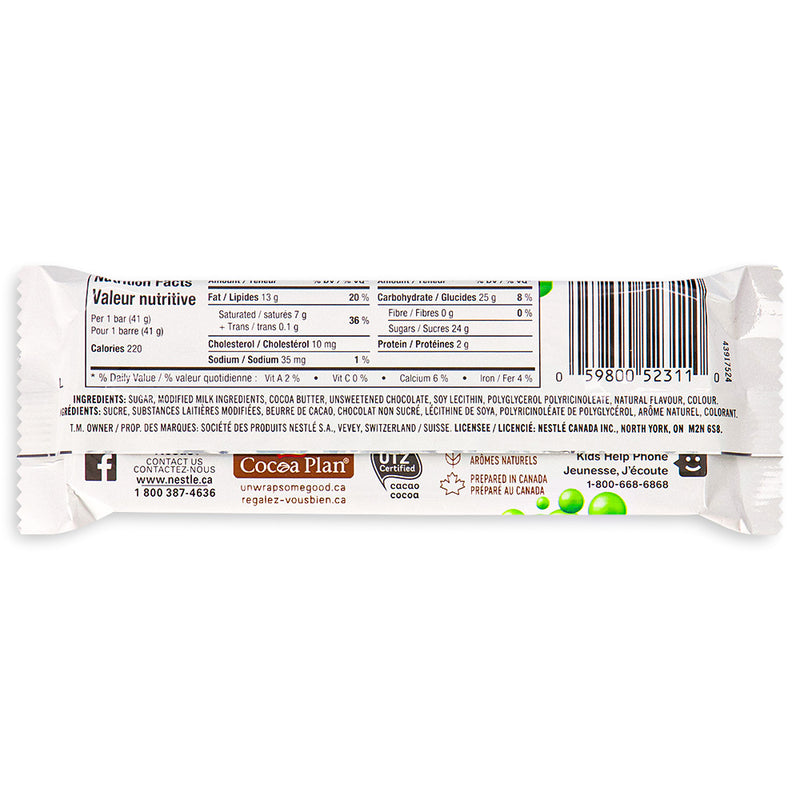 Aero Peppermint Bubble Bar Back - Canadian Chocolate Bar - Nutritional Info - Ingredients