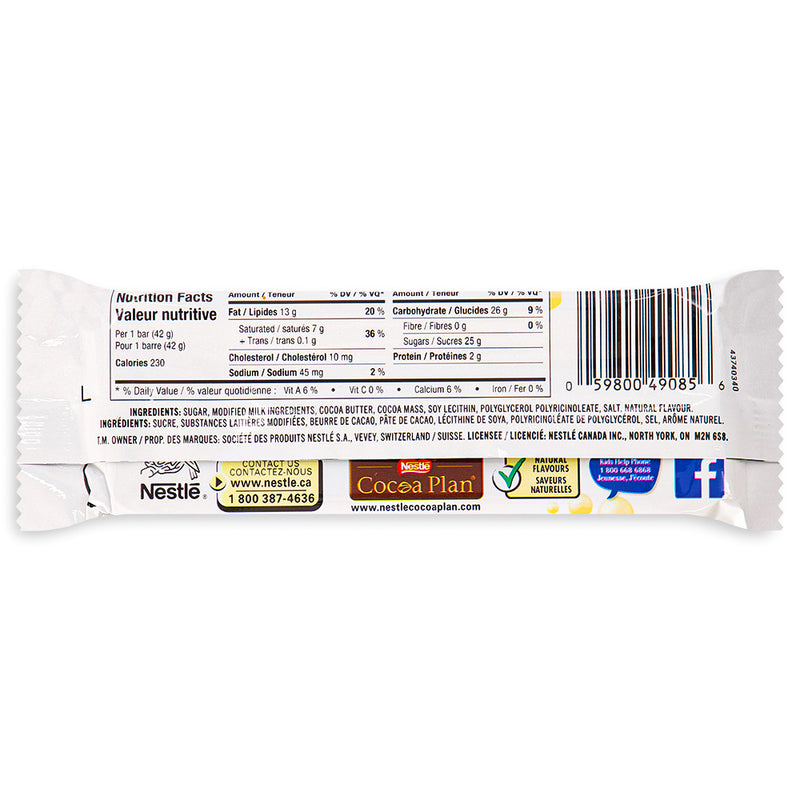 Aero Bubbly White Chocolate Bar Back View - Canadian Chocolate Bars - Nutritional Info - Ingredients