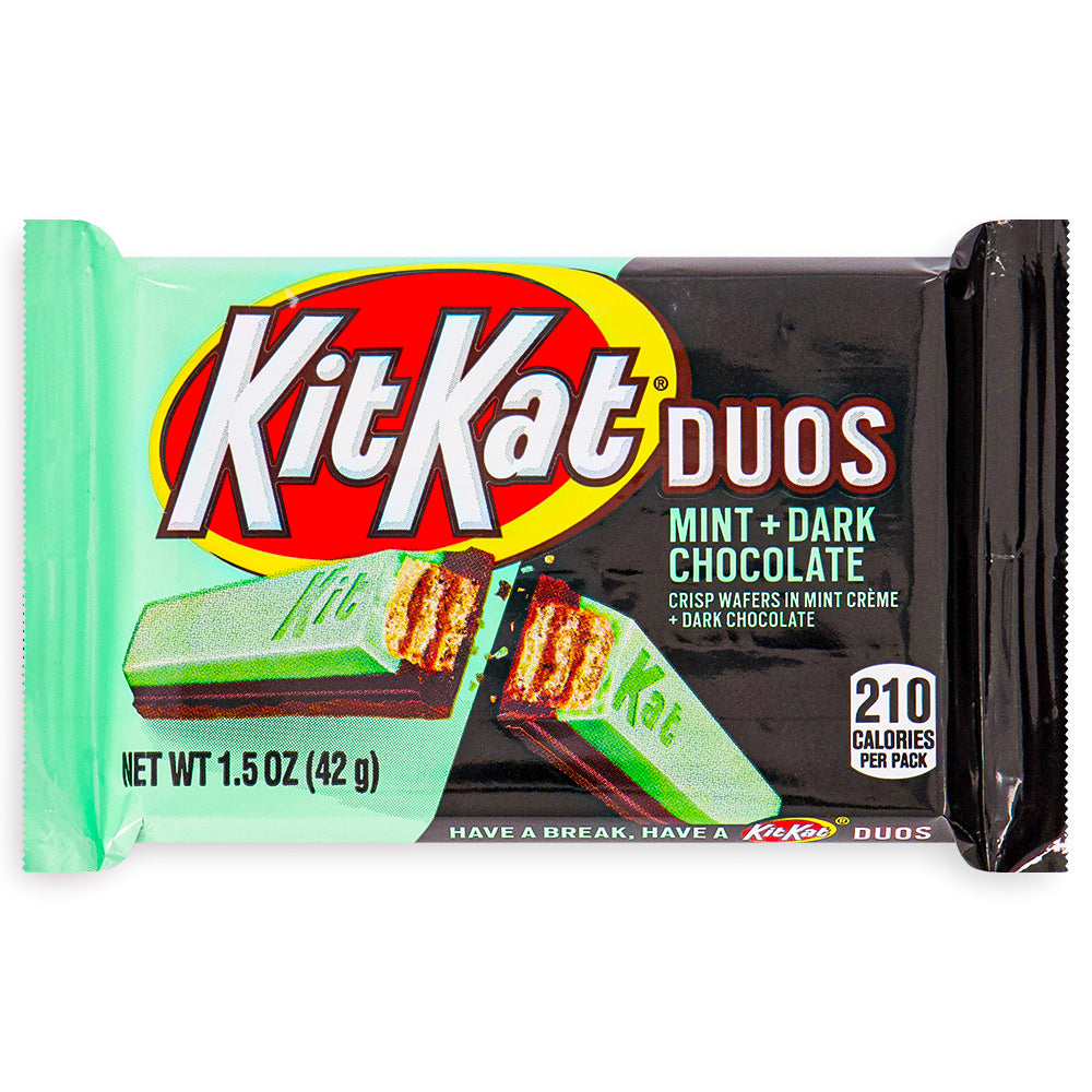 Kit Kat Duos Mint Dark Chocolate 1.5oz Front, mint chocolate, kit kat, kit kat chocolate, kit kat mint chocolate, dark chocolate, mint dark chocolate
