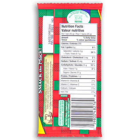 Mackintosh Toffee 45g Back - Canadian Candy - Nutritional Facts - Ingredients