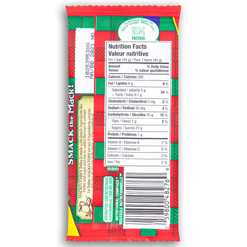 Mackintosh Toffee 45g Back - Canadian Candy - Nutritional Facts - Ingredients