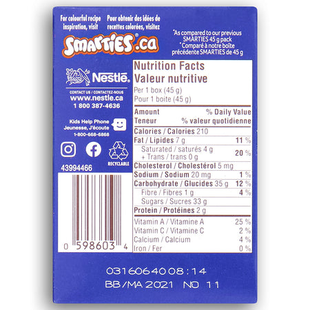 Smarties Candy  - Smarties Candy Canada - Canadian Candy - Back - Nutritional Facts - Ingredients, colorful candy, chocolate treats, chocolate candy, canadian candy, canadian chocolate