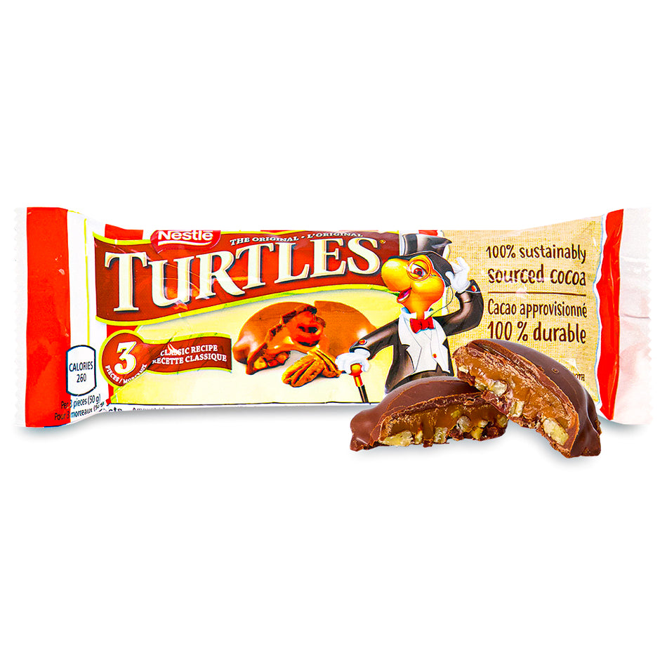 Nestle Turtles Original 3 Pack 50g Opened, chocolate turtles, turtles chocolate, caramel turtles, caramel chocolate, canadian candy, canadian chocolate