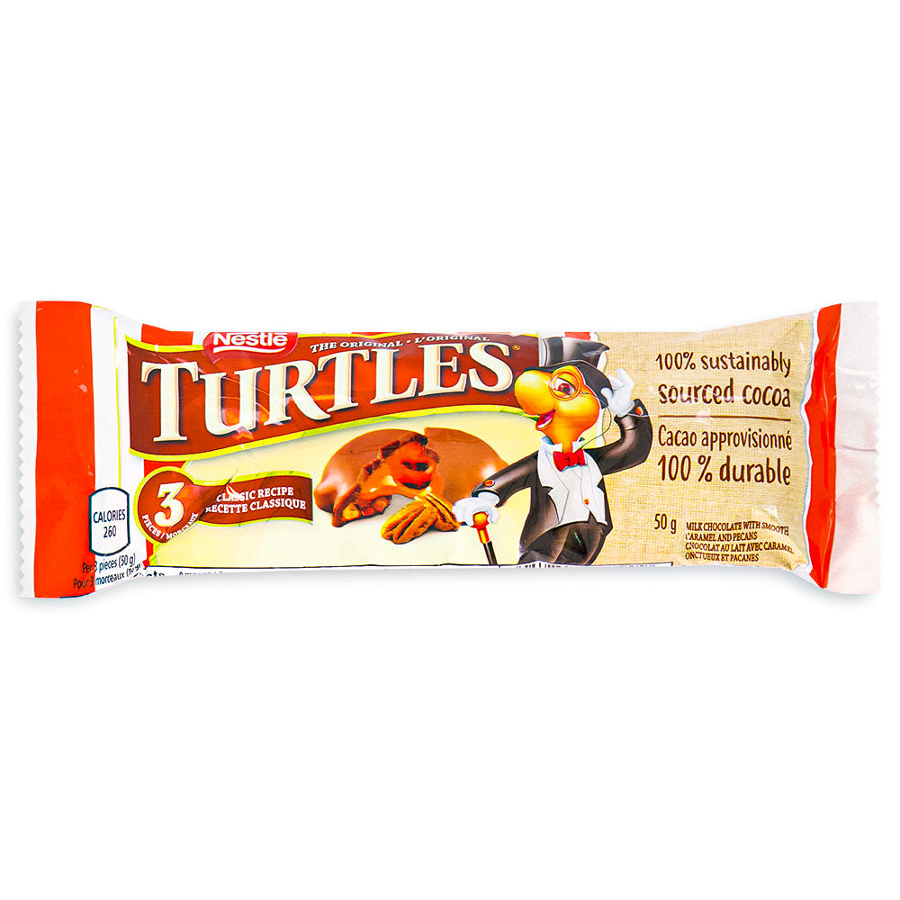 Nestle Turtles Original 3 Pack 50g Front, chocolate turtles, turtles chocolate, caramel turtles, caramel chocolate, canadian candy, canadian chocolate