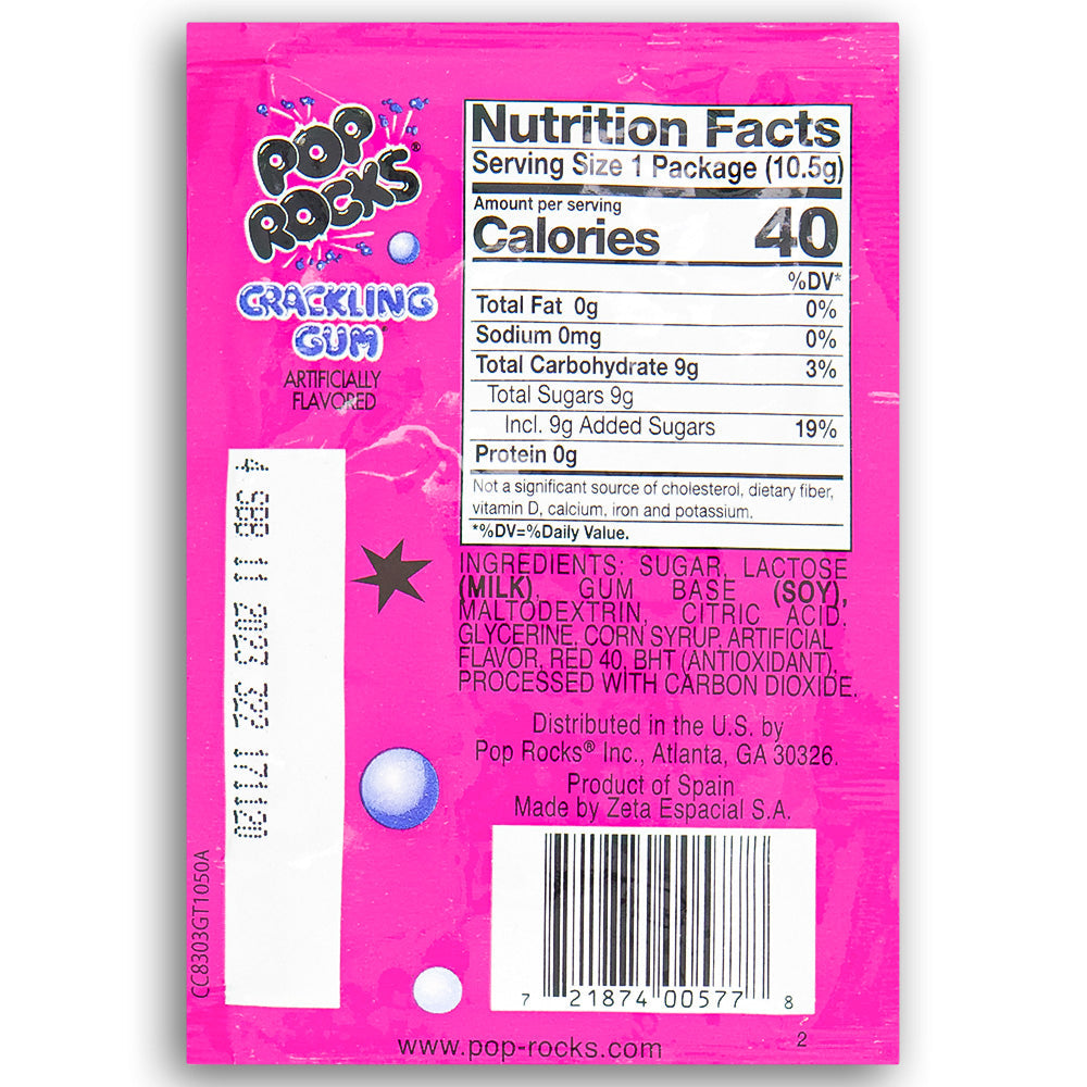 Pop Rocks Bubble Gum Popping Candy Back Nutrition Facts, pop rocks, pop rocks candy, pop rocks gum, pop rocks bubble gum