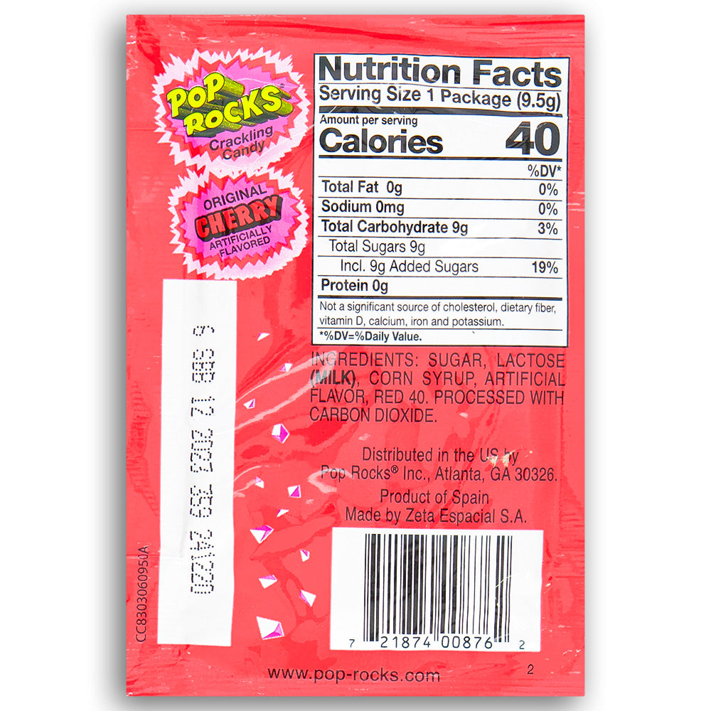 Pop Rocks Original Cherry Popping Candy Back Nutrition Facts, pop rocks, pop rocks candy, cherry pop rocks, cherry candy, red candy, retro candy, classic candy