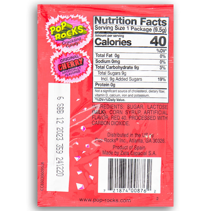 Pop Rocks Original Cherry Popping Candy Back Nutrition Facts, pop rocks, pop rocks candy, cherry pop rocks, cherry candy, red candy, retro candy, classic candy