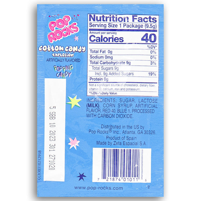 Pop Rocks Cotton Candy Explosion .33oz. Back Nutrition Facts Ingredients, pop rocks, pop rocks candy, pop rocks cotton candy, cotton candy pop rocks, cotton candy