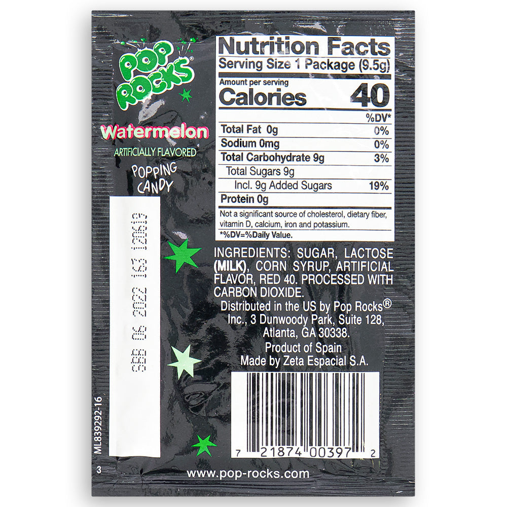 Pop Rocks Watermelon Popping Candy Back Nutrition Facts
