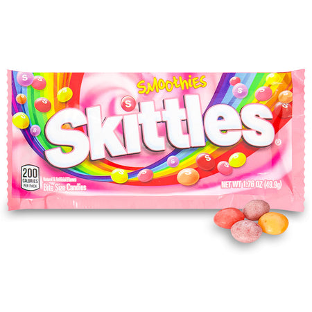 Skittles Smoothies 1.76oz Open, Skittles Smoothies, Candy symphony, Fruity bliss, Tropical fruits, Chewy satisfaction, Creamy banana, Luscious peach, Carnival of flavors, Burst of fruity joy, Tropical smoothie, skittles candy, skittles gummies, skittles smoothies