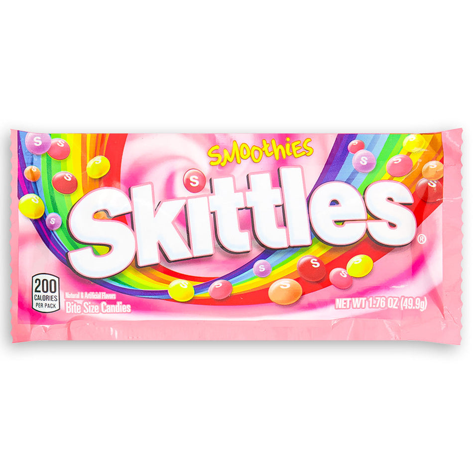 Skittles Smoothies 1.76oz Front, Skittles Smoothies, Candy symphony, Fruity bliss, Tropical fruits, Chewy satisfaction, Creamy banana, Luscious peach, Carnival of flavors, Burst of fruity joy, Tropical smoothie, skittles candy, skittles gummies, skittles smoothies