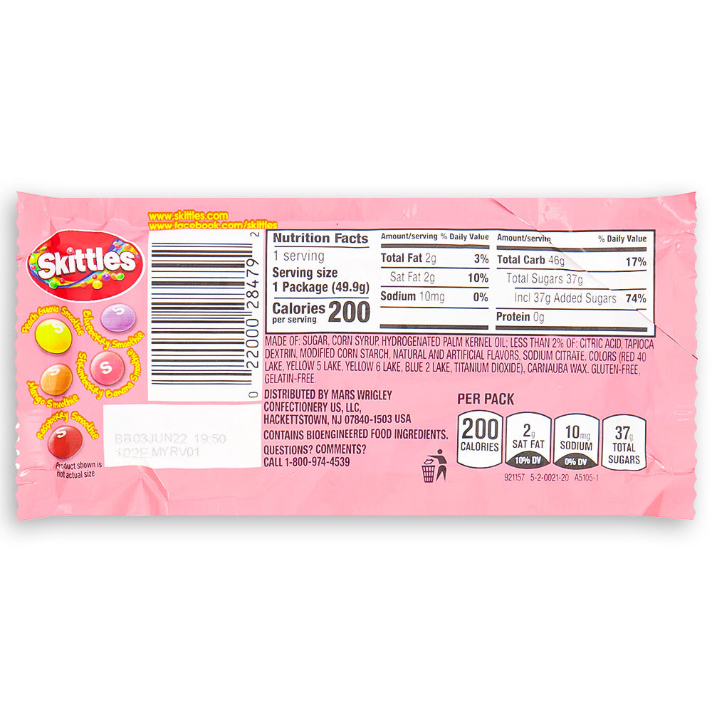 Skittles Smoothies 1.76oz Back Ingredients Nutrition Facts, Skittles Smoothies, Candy symphony, Fruity bliss, Tropical fruits, Chewy satisfaction, Creamy banana, Luscious peach, Carnival of flavors, Burst of fruity joy, Tropical smoothie, skittles candy, skittles gummies, skittles smoothies