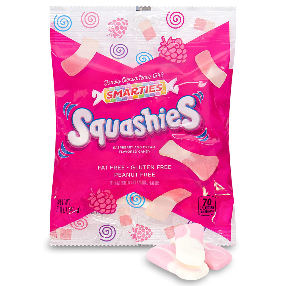 Smarties Squashies Raspberry and Cream Flavour 5oz Open, smarties candy, smarties squashies, raspberry candy, cream candy, soft candy, chewy candy, raspberry cream candy