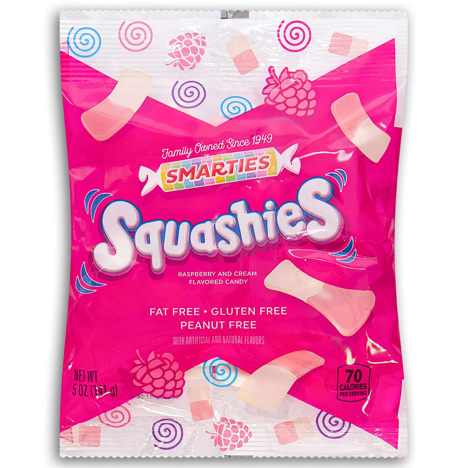 Smarties Squashies Raspberry and Cream Flavour 5oz Front, smarties candy, smarties squashies, raspberry candy, cream candy, soft candy, chewy candy, raspberry cream candy