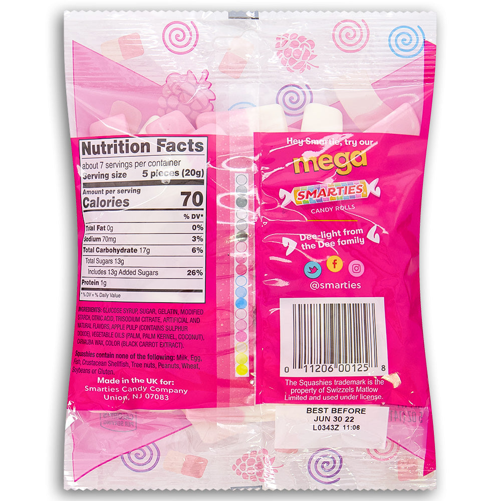 Smarties Squashies Raspberry and Cream Flavour 5oz Back Ingredients Nutrition Facts, smarties candy, smarties squashies, raspberry candy, cream candy, soft candy, chewy candy, raspberry cream candy