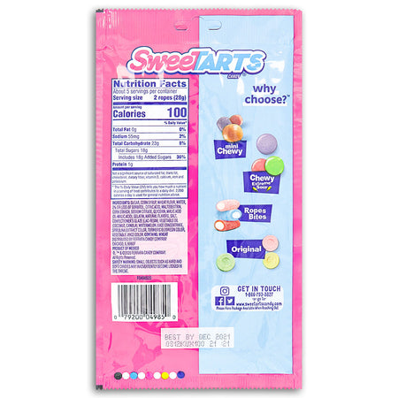 Sweetarts Ropes Watermelon Berry Collision 5oz Back Ingredients Nutrition Facts, SweeTARTS Ropes Watermelon Berry Collision, flavor explosion, chewy ropes, watermelon and mixed berry flavors, candy connoisseur, fruit fanatic, flavor thrill, taste bud excitement