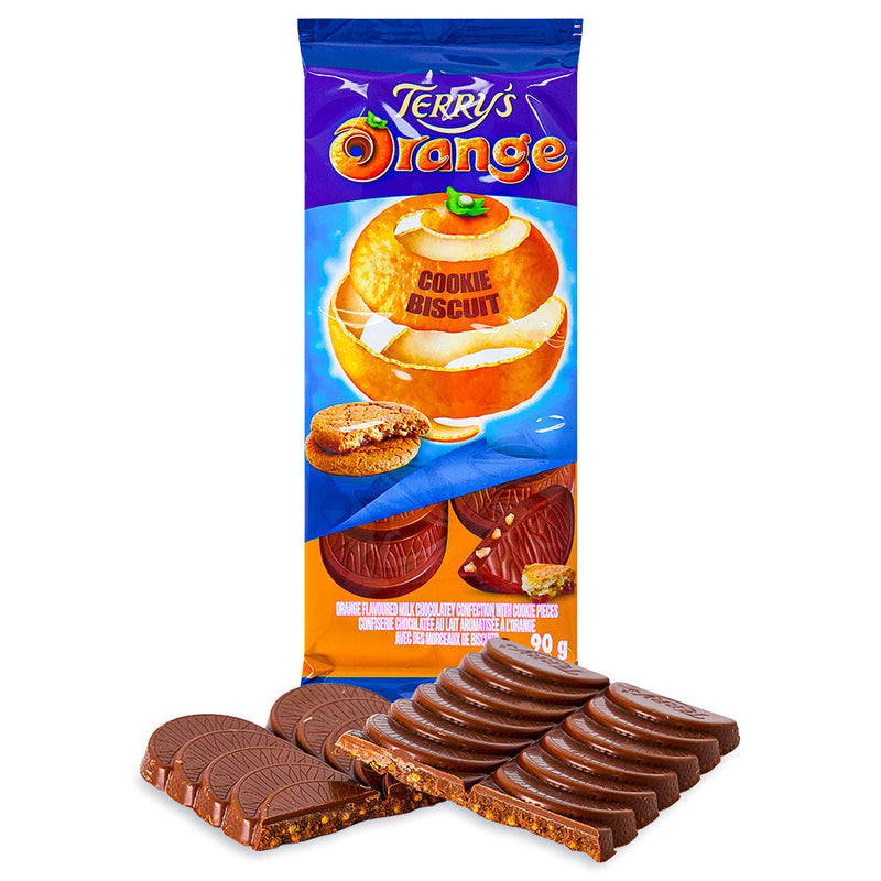 Terry's Chocolate Orange Cookie Biscuit UK Bar 90g Open, terry's chocolate, terrys chocolate orange, terry's chocolate orange, english chocolate, orange chocolate bar, orange chocolate