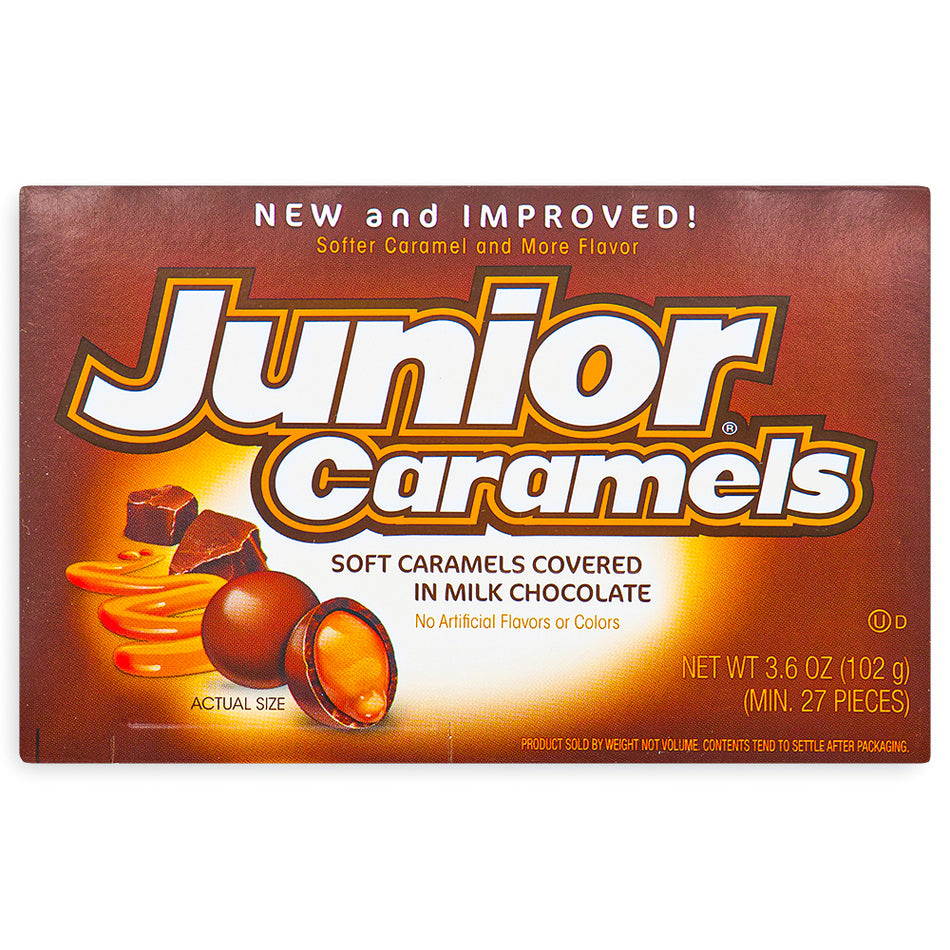 Junior Caramels Theatre Pack Front, sweet caramel, caramel chocolate, chocolate caramel
