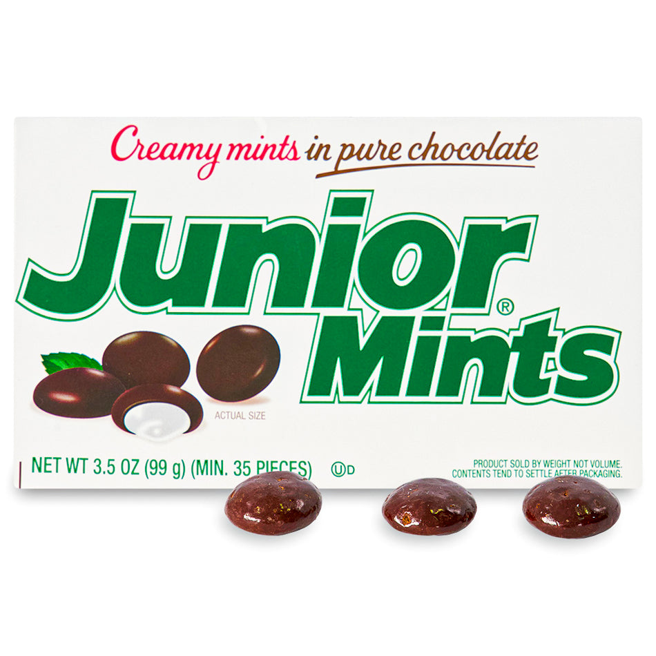 Junior Mints Theater Pack 3.5oz Opened, Mint chocolate, chocolate mints, junior mints, dark chocolate, mint candy