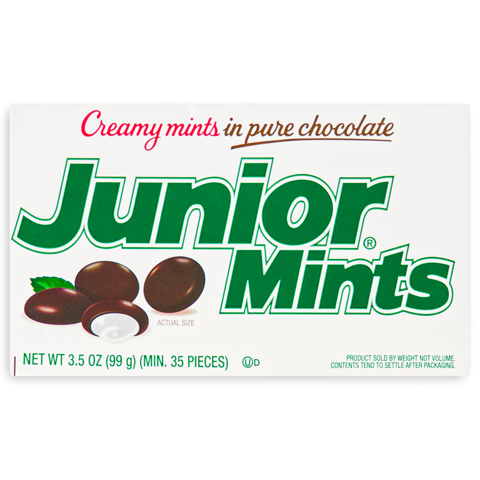 Junior Mints Theater Pack 3.5oz Front, Mint chocolate, chocolate mints, junior mints, dark chocolate, mint candy