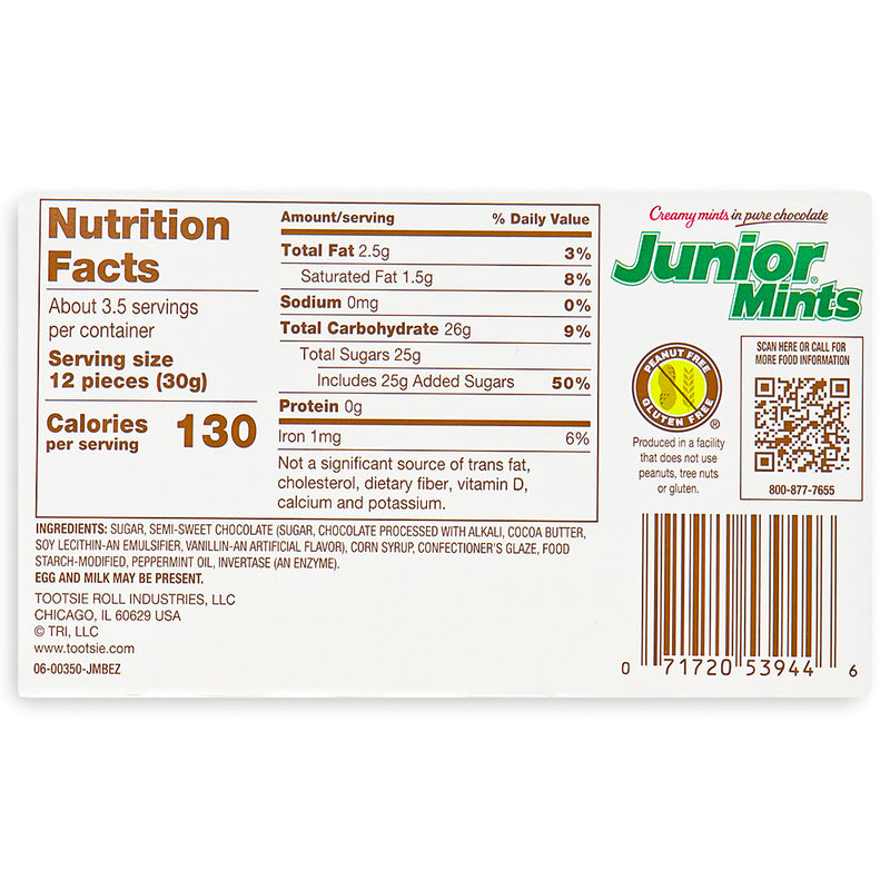 Junior Mints Theater Pack 3.5oz Back, Mint chocolate, chocolate mints, junior mints, dark chocolate, mint candy