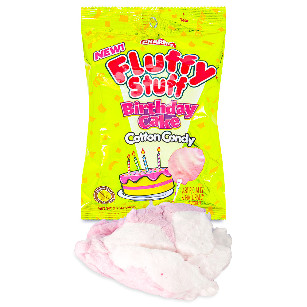 Charms Fluffy Stuff Birthday Cake Cotton Candy 2.1 oz. Open, Charms Fluffy Stuff Birthday Cake Cotton Candy, Cloud of pure celebration, Party in every bite, Magically infused with whimsical essence, Delightful taste of vanilla and sugary sprinkles, Festive moments, Ticket to a sugary adventure, Delightful nostalgia, Sugary dreams of celebration, Land of pure sweetness, charms, charms lollipop, charms blow pops, charms blow pop