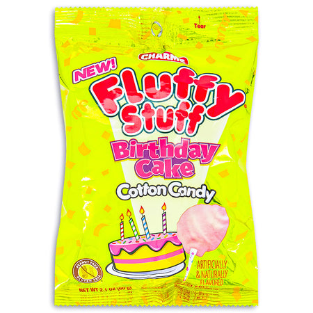 Charms Fluffy Stuff Birthday Cake Cotton Candy 2.1 oz. Front, Charms Fluffy Stuff Birthday Cake Cotton Candy, Cloud of pure celebration, Party in every bite, Magically infused with whimsical essence, Delightful taste of vanilla and sugary sprinkles, Festive moments, Ticket to a sugary adventure, Delightful nostalgia, Sugary dreams of celebration, Land of pure sweetness, charms, charms lollipop, charms blow pops, charms blow pop