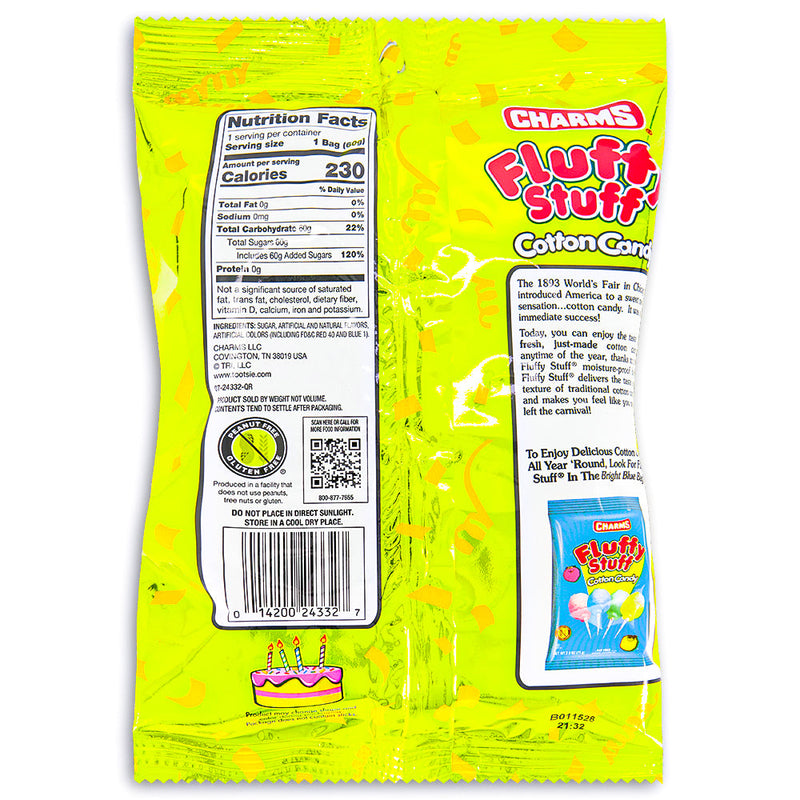 Charms Fluffy Stuff Birthday Cake Cotton Candy 2.1 oz. Back, Charms Fluffy Stuff Birthday Cake Cotton Candy, Cloud of pure celebration, Party in every bite, Magically infused with whimsical essence, Delightful taste of vanilla and sugary sprinkles, Festive moments, Ticket to a sugary adventure, Delightful nostalgia, Sugary dreams of celebration, Land of pure sweetness, charms, charms lollipop, charms blow pops, charms blow pop