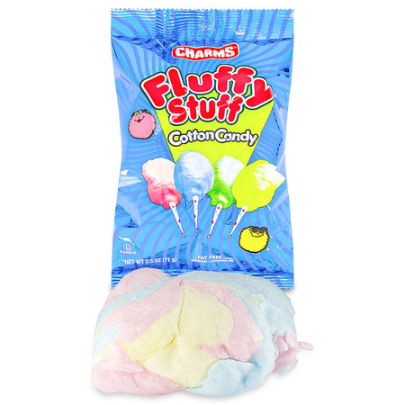 Charms Fluffy Stuff Cotton Candy Bag 2.5 oz. Open, Charms Fluffy Stuff Cotton Candy Bag, Burst of whimsical delight, Light as air and sweet as a dream, Colorful cloud of cotton candy, Melt-in-your-mouth bite, Journey to a world of sugary wonder, Abundant smiles and laughter, Touch of magic to your day, Fluff-tastic fun, Party planning and sugary delight, charms, charms lollipop, charms blow pops, charms blow pop