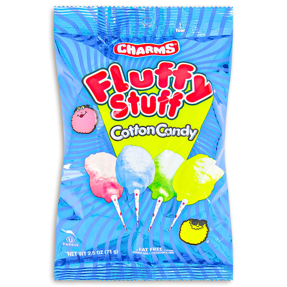 Charms Fluffy Stuff Cotton Candy Bag - 2.5 oz. Front, Charms Fluffy Stuff Cotton Candy Bag, Burst of whimsical delight, Light as air and sweet as a dream, Colorful cloud of cotton candy, Melt-in-your-mouth bite, Journey to a world of sugary wonder, Abundant smiles and laughter, Touch of magic to your day, Fluff-tastic fun, Party planning and sugary delight, charms, charms lollipop, charms blow pops, charms blow pop