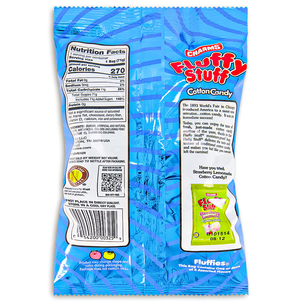 Charms Fluffy Stuff Cotton Candy Bag - 2.5 oz. Nutrition Facts Ingredients, Charms Fluffy Stuff Cotton Candy Bag, Burst of whimsical delight, Light as air and sweet as a dream, Colorful cloud of cotton candy, Melt-in-your-mouth bite, Journey to a world of sugary wonder, Abundant smiles and laughter, Touch of magic to your day, Fluff-tastic fun, Party planning and sugary delight, charms, charms lollipop, charms blow pops, charms blow pop