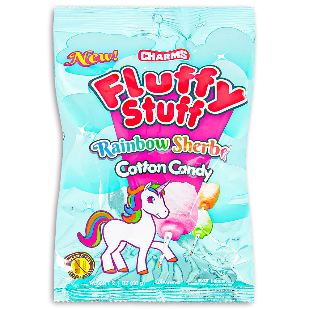 Charms Fluffy Stuff Unicorn Rainbow Sherbet Cotton Candy 60g Front, Cotton Candy, Charms Candy, Charms Cotton Candy
