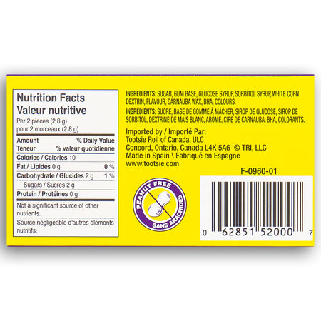 Thrills Gum - Back - Soap Gum - Canadian Candy  - Nutritional Facts - Ingredients