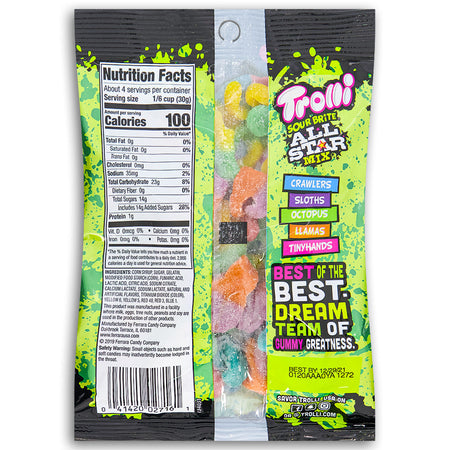 Trolli Sour Brite All Star Mix 4.25oz Back Ingredients Nutrition Facts, Trolli Sour Brite All Star Mix, tangy gummies, electrifying sourness, star-studded fun, candy enthusiasts, flavor explorers, lively candy experience, interstellar taste escapade