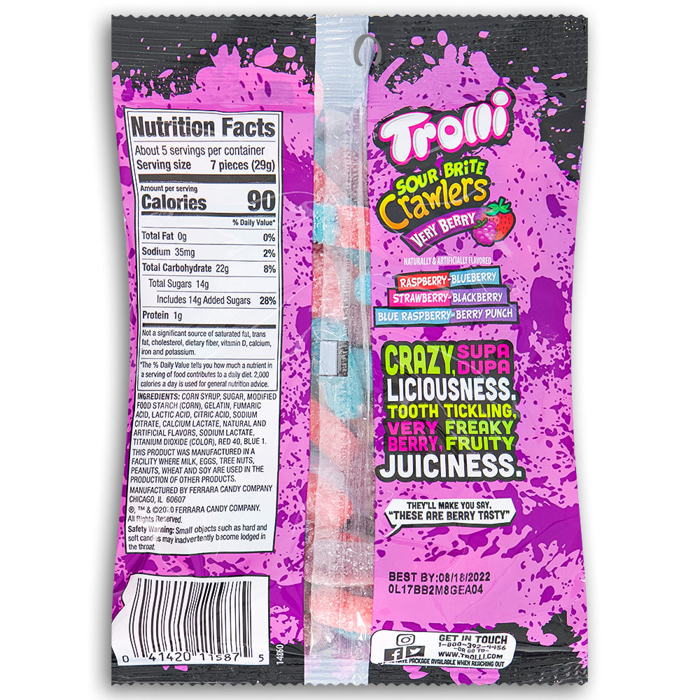 Trolli Sour Brite Crawlers Very Berry Back Ingredients Nutrition Facts, Trolli Sour Brite Crawlers Very Berry, tangy gummy, fruity fun, candy enthusiasts, flavor explorers, taste bud party, gummy extravaganza