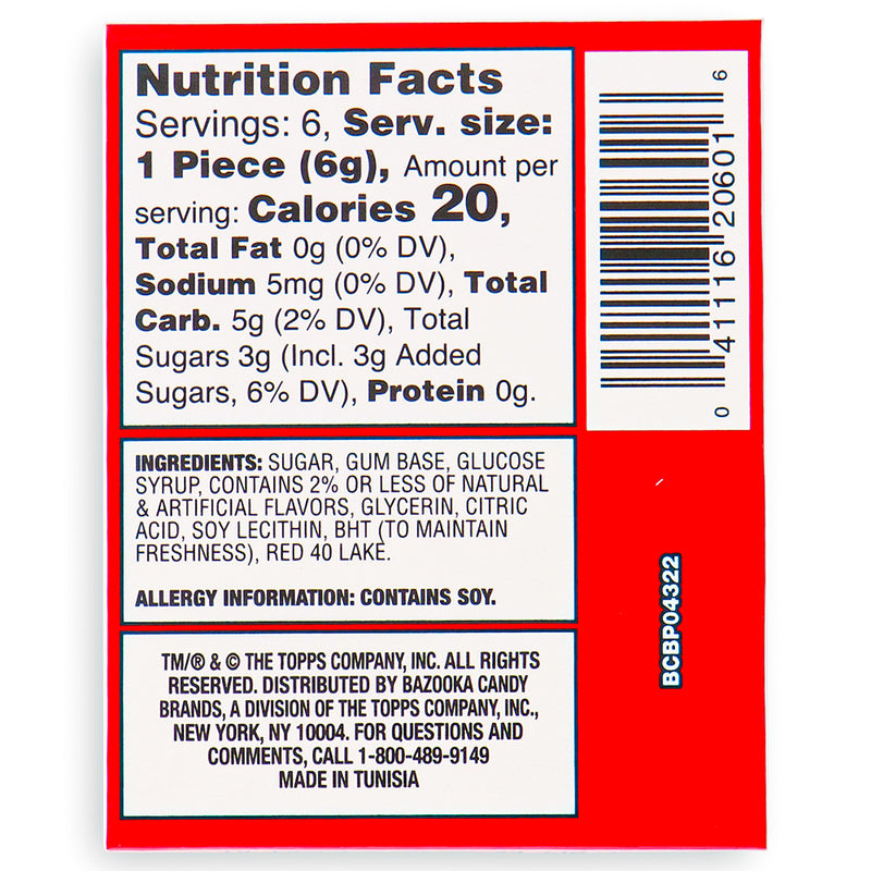Bazooka Throwback Original Bubble Gum 6 pieces back - Nutritional Facts - Ingredients