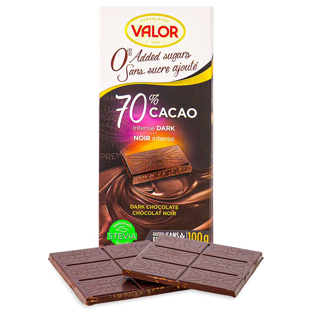 Valor 70% Cacao Intense Dark Sugar Free 100 g Open, Valor 70% Cacao Intense Dark Sugar Free, Dive into decadence, Guilt-free indulgence, Luxurious blend of 70% cacao, Symphony of smooth and intense flavor, Pure chocolate heaven, Depth of flavor, Expert chocolatiers, Mindful treat, Dark chocolate decadence, valor chocolate, sugar free chocolate, sugar free dark chocolate, retro chocolate, classic chocolate