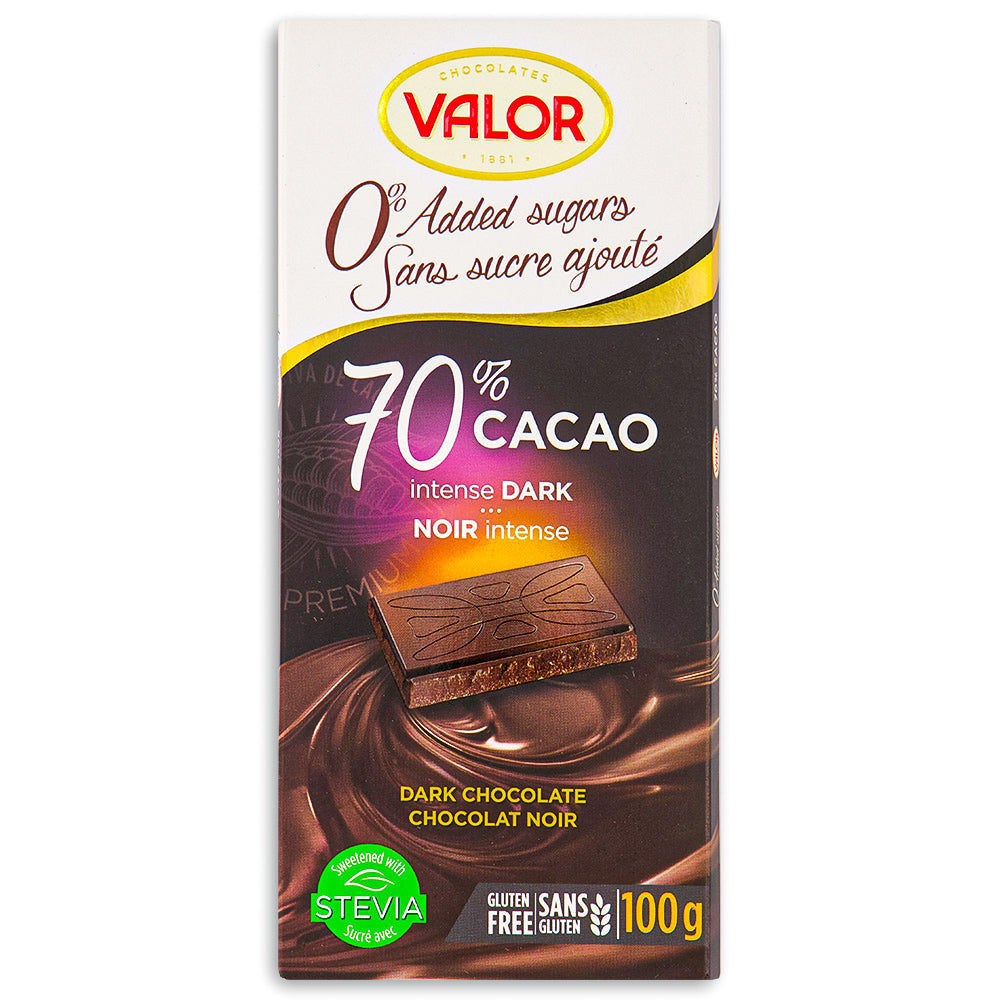 Valor 70% Cacao Intense Dark Sugar Free 100 g Front, Valor 70% Cacao Intense Dark Sugar Free, Dive into decadence, Guilt-free indulgence, Luxurious blend of 70% cacao, Symphony of smooth and intense flavor, Pure chocolate heaven, Depth of flavor, Expert chocolatiers, Mindful treat, Dark chocolate decadence, valor chocolate, sugar free chocolate, sugar free dark chocolate, retro chocolate, classic chocolate