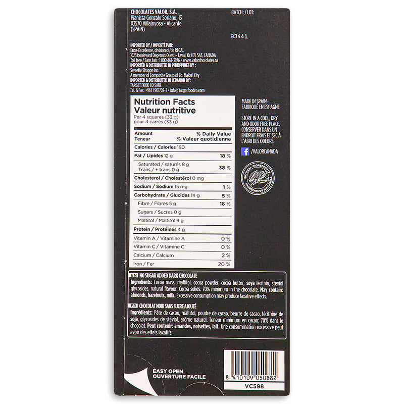Valor 70% Cacao Intense Dark Sugar Free 100 g Back Ingredients Nutrition Facts, Valor 70% Cacao Intense Dark Sugar Free, Dive into decadence, Guilt-free indulgence, Luxurious blend of 70% cacao, Symphony of smooth and intense flavor, Pure chocolate heaven, Depth of flavor, Expert chocolatiers, Mindful treat, Dark chocolate decadence, valor chocolate, sugar free chocolate, sugar free dark chocolate, retro chocolate, classic chocolate